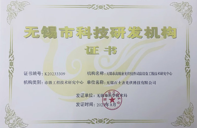 Wuxi Science and Technology R&D Institution Certificate - Baishi